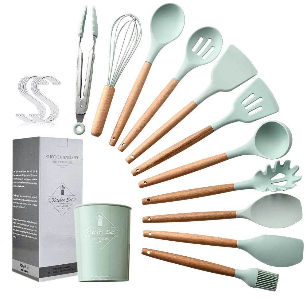 11pcs Silicone Cooking Kitchen Utensils Set Wooden Handles Cooking Tool BPA Free Non Toxic Silicone Turner Tongs Spatula