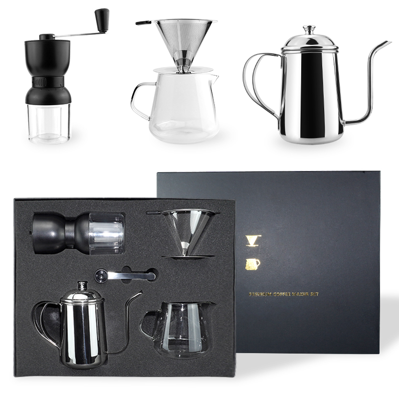 Amazon Hot Sell Coffee Grinder Gooseneck Kettle Glass Pot Reusable Coffee Filter Gift Set Manual Coffee Maker Set